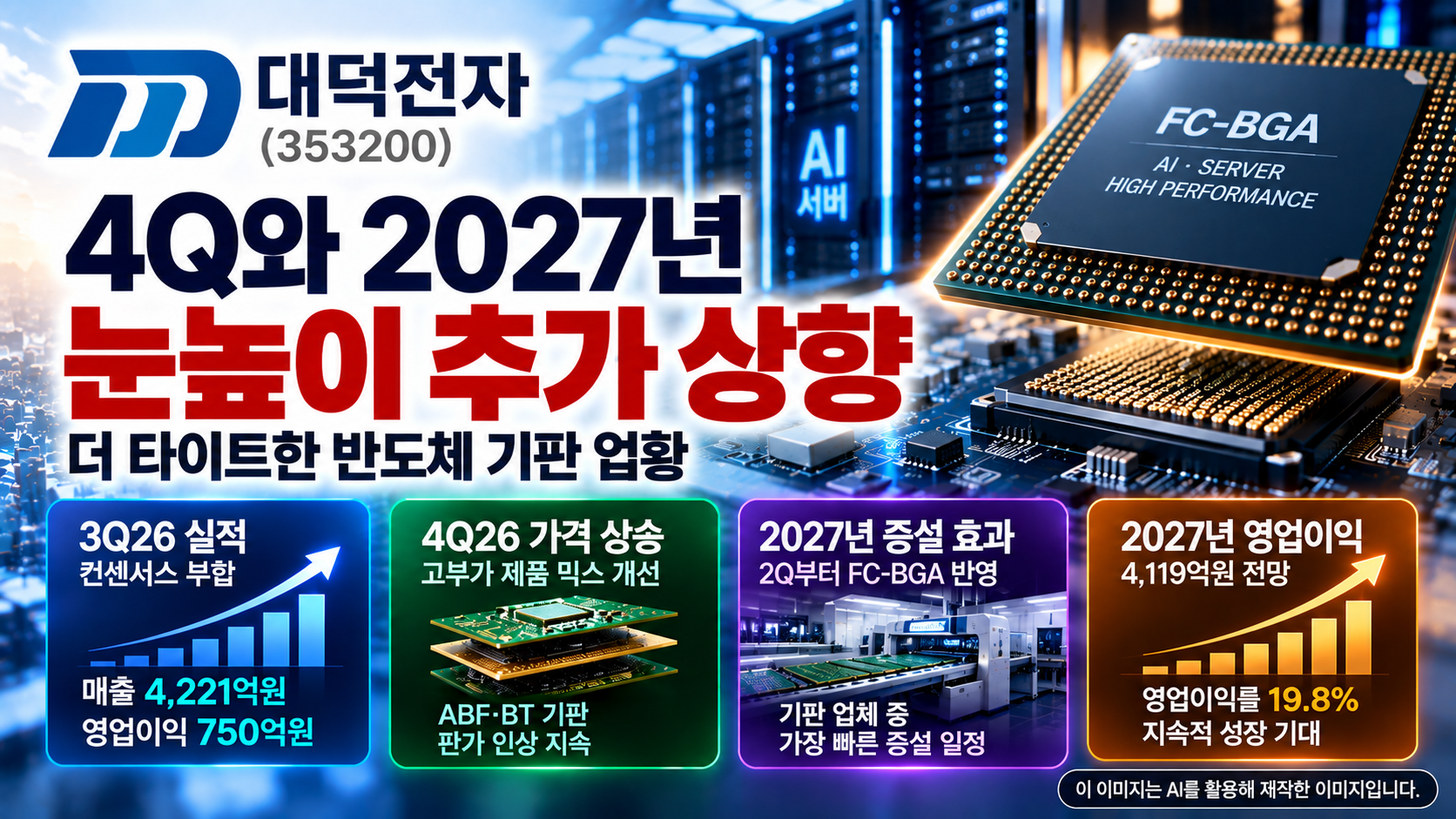 대덕전자 기업분석, AI 서버용 FC-BGA 반도체 기판 수요 증가와 ABF·BT 기판 가격 상승, 2027년 증설 효과 및 영업이익 4,119억원 전망
