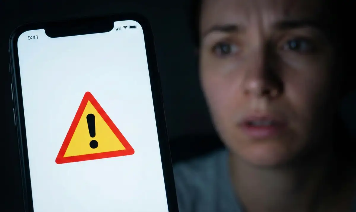 스마트폰 화면에 뜬 로그인 오류 경고창과 당황한 사용자의 모습