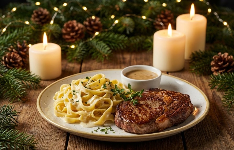 크리스마스 분위기 물씬 풍기는 가성비 파스타 스테이크 맛집 테이블 세팅