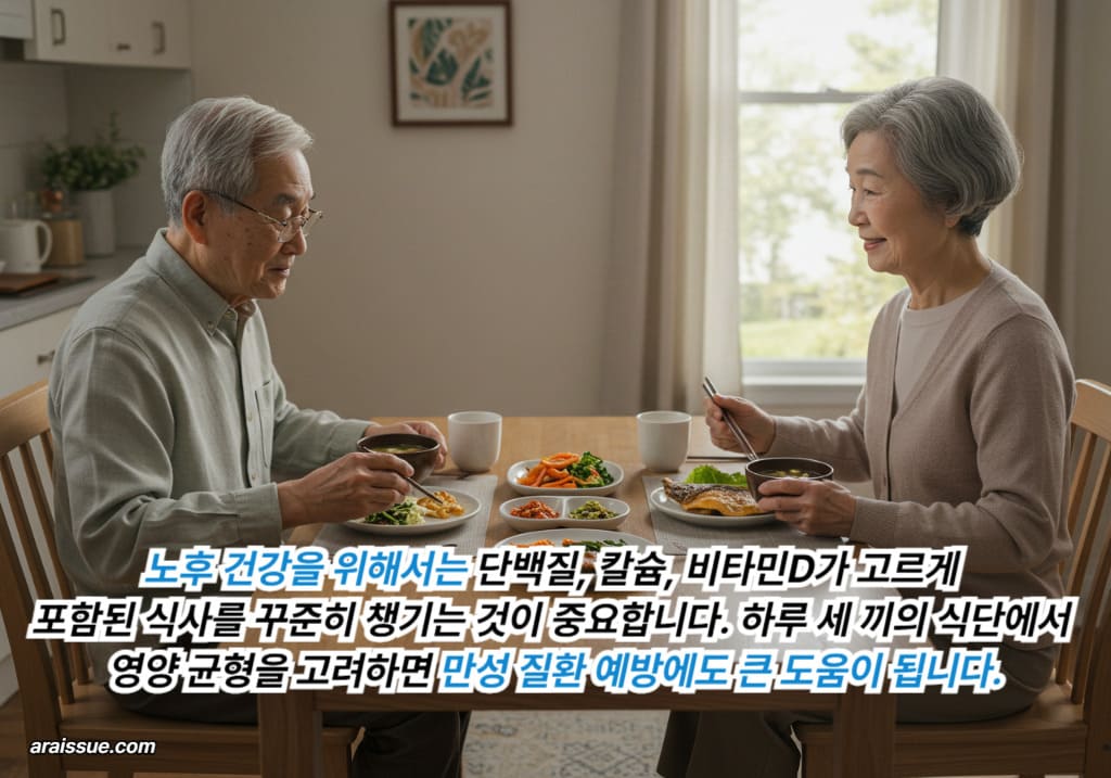 밝은 식탁 위에 차려진 균형 잡힌 식사를 앞에 두고 한국 노인 부부가 마주 앉아 식사 준비를 하며 편안한 표정으로 하루를 시작하는 모습