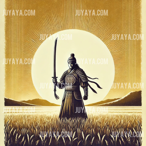 전통 한복을 입은 무사가 들판에서 거궐을 들고 서 있는 모습, 정의와 품격을 상징