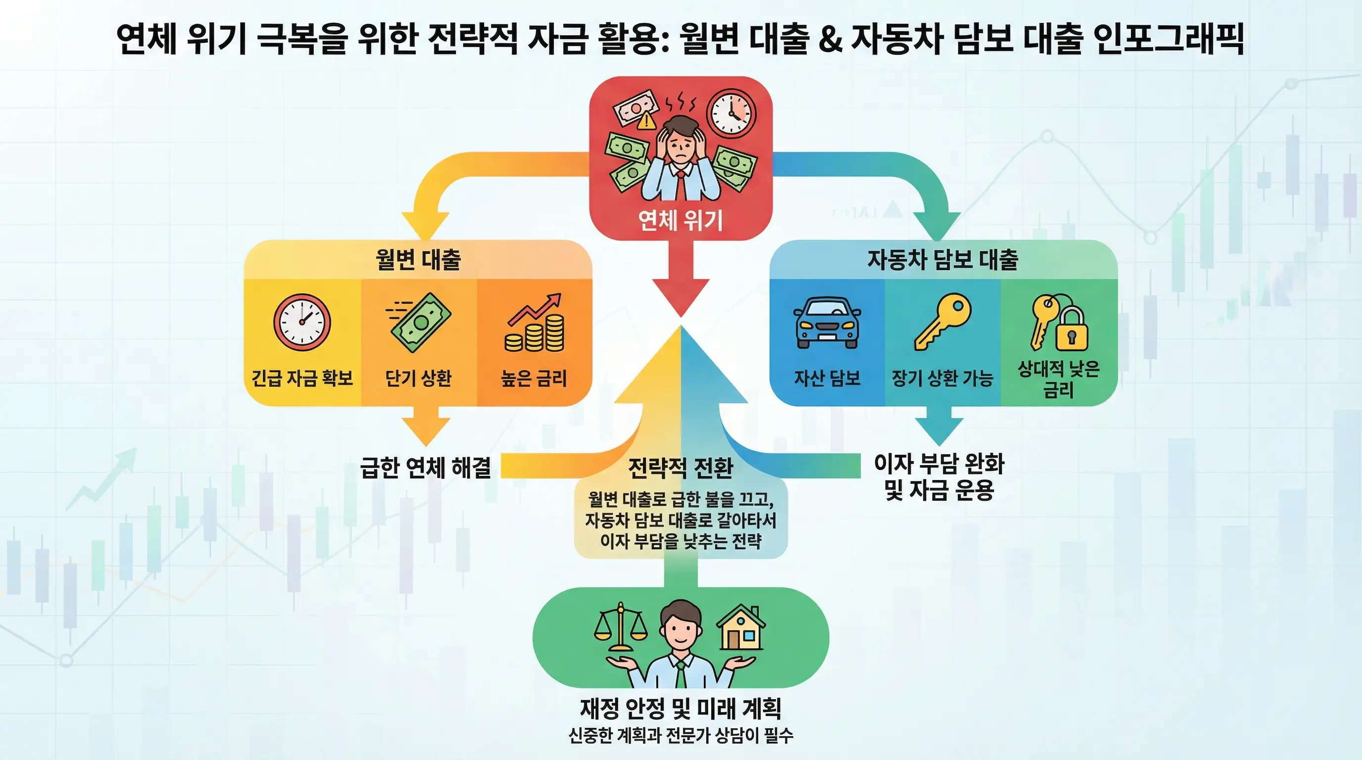 월변 대출과 자동차 담보 대출을 통해 연체 위기를 극복하는 전략을 보여주는 인포그래픽