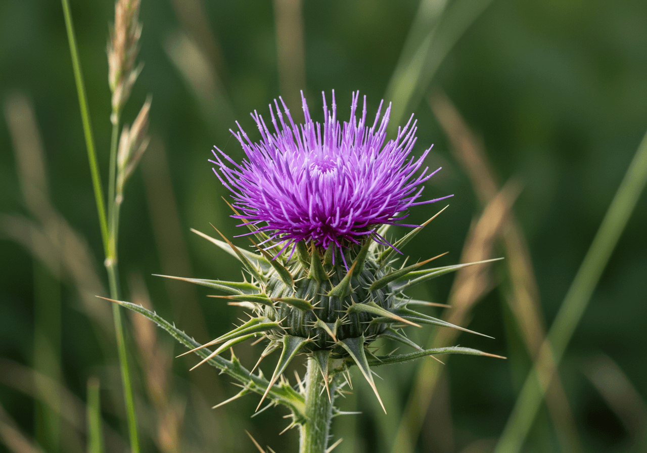 보라색 꽃을 피운 밀크씨슬 식물의 모습
