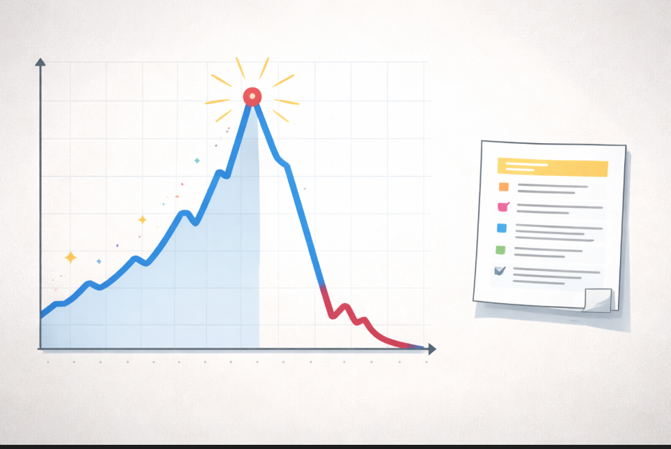 단기 트래픽 상승 후 급락을 보여주는 검색 노출 구조 이미지