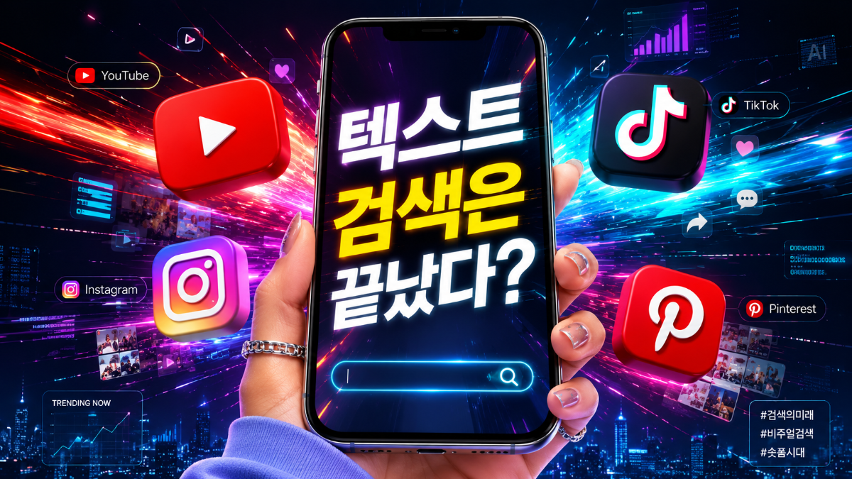 <img src="thumbnail.jpg" alt="텍스트 검색은 끝났다 문구와 주요 SNS 로고가 강조된 1020 검색 트렌드 썸네일">