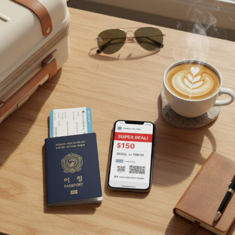 여행 캐리어와 여권, 항공권이 놓여있는 테이블