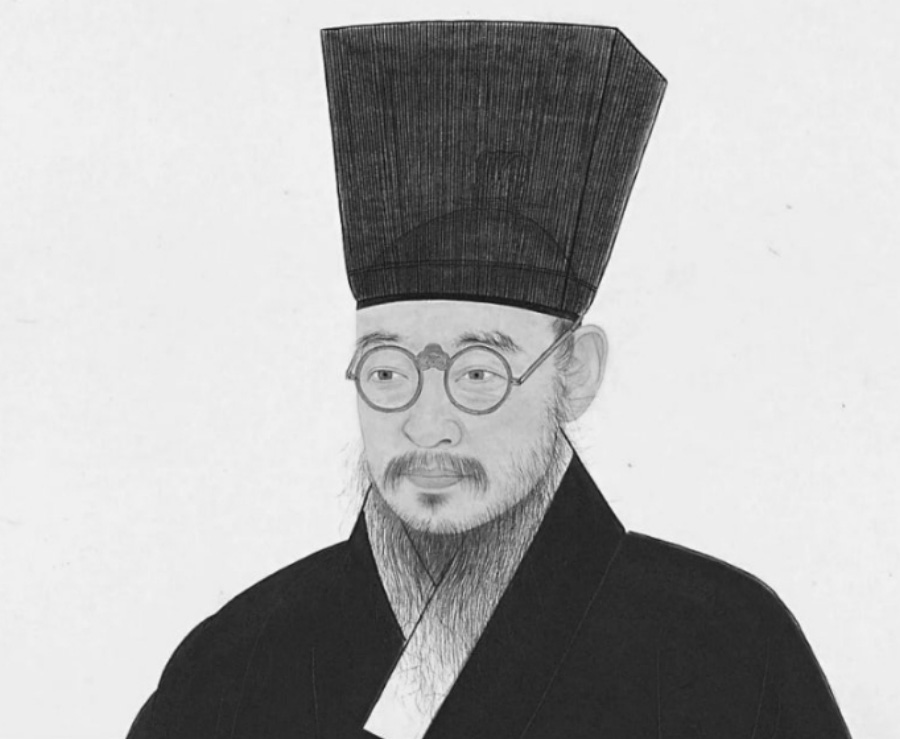 조선시대의 실학자인 정약용이 머리에 감투를 쓰고 안경을 쓰고 있는 것을 그린 초상화 그림