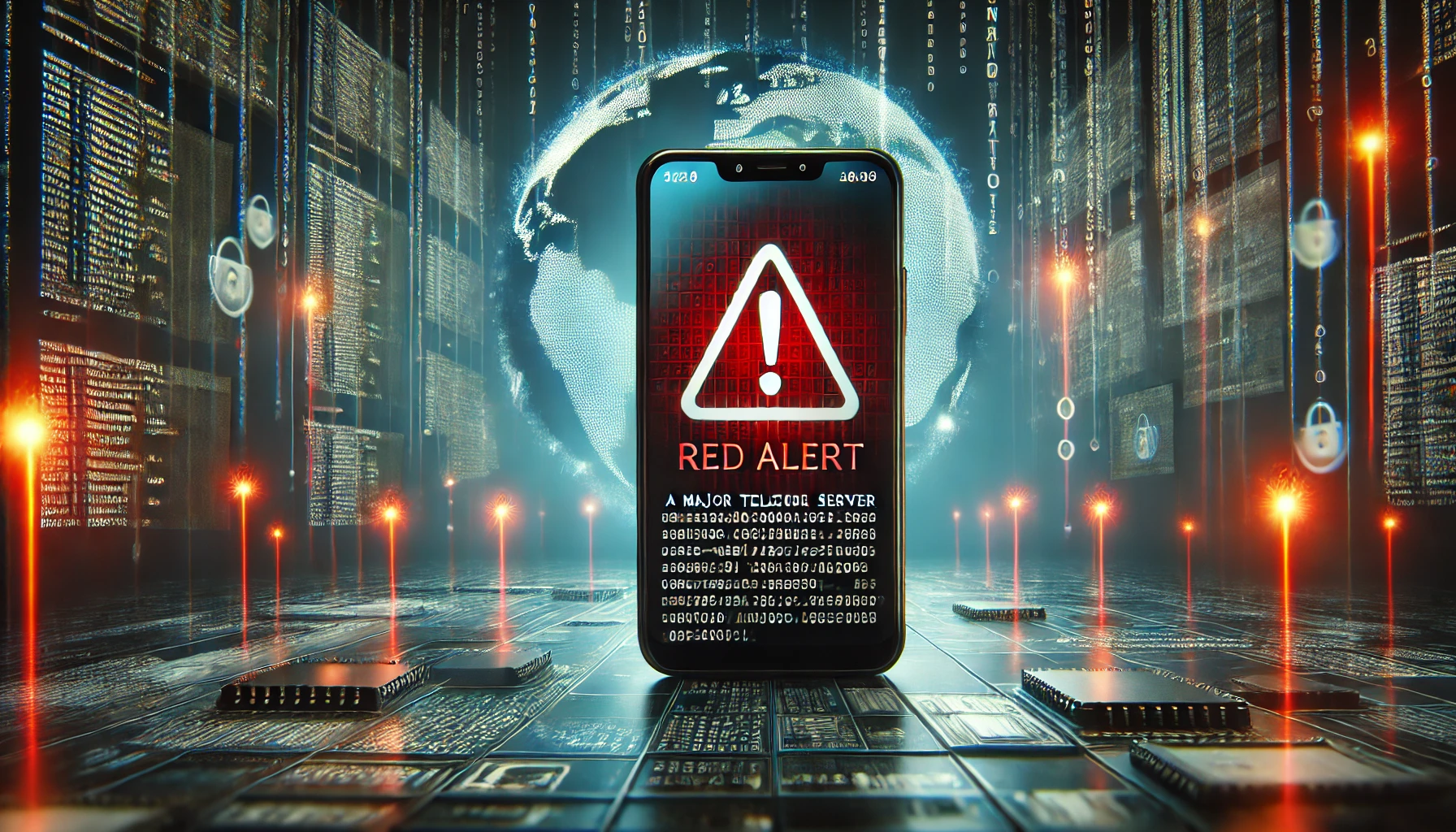 SKT 서버 해킹 사건을 상징하는 이미지, 붉은 경고등과 해킹된 스마트폰