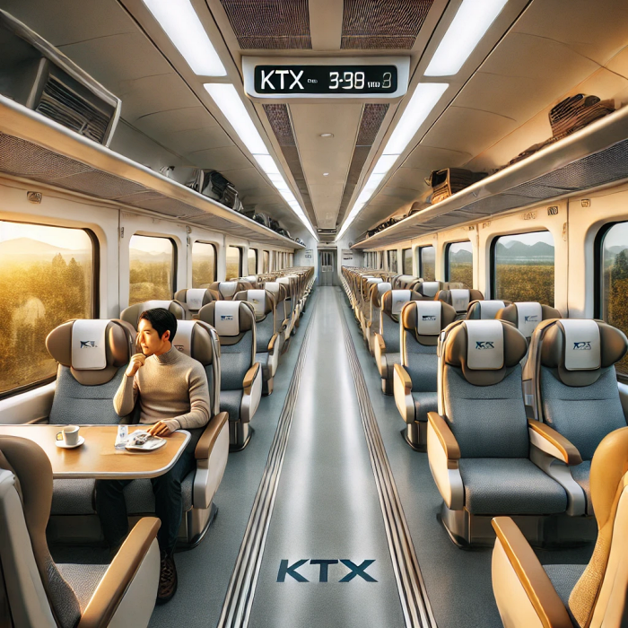 KTX 열차 내부 창가 좌석에서 풍경을 감상하는 승객들