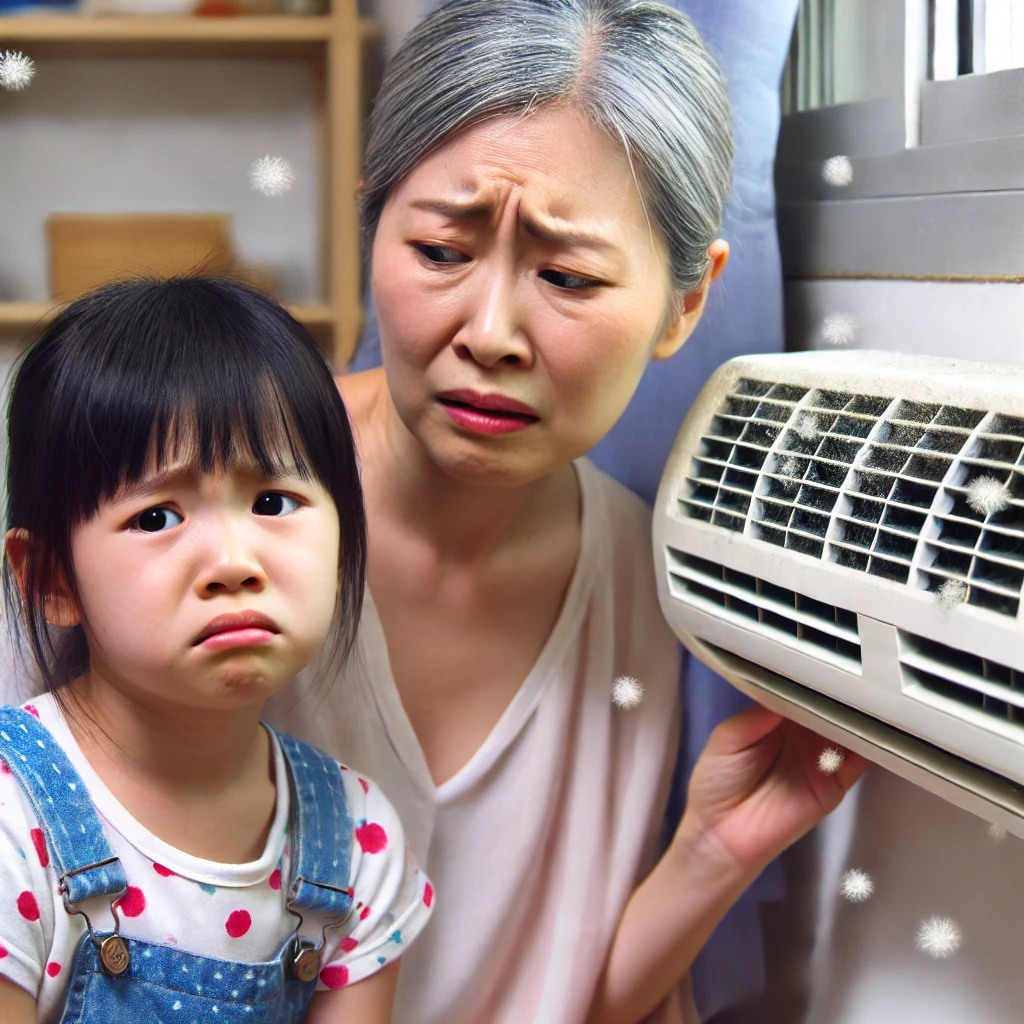 더러운 에어컨을 보며 불쾌해 하고 있다.