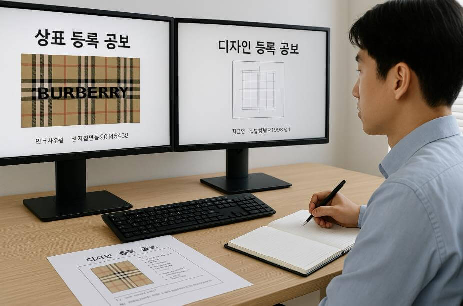 버버리 체크의 상표&middot;디자인 등록 공보를 확인하는 모습