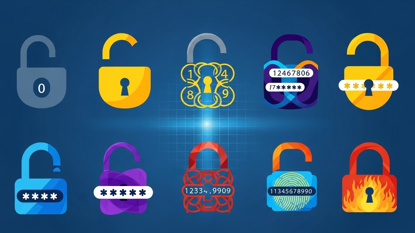 강력하고 복잡한 비밀번호들을 상징하는 다양한 색상의 안전한 자물쇠 이미지