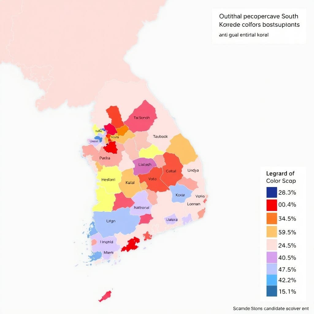 대한민국 지도 위에 특정 선거의 지역별 득표율을 색상이나 명암으로 구분하여 시각화합니다. 어떤 지역에서 특정 후보의 지지율이 높았는지 한눈에 파악할 수 있도록 디자인합니다 