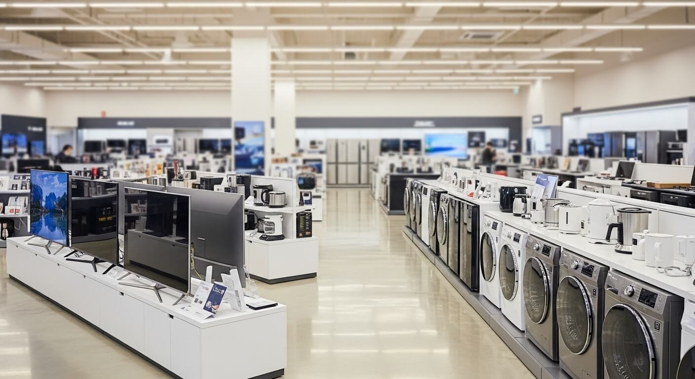 전자제품 매장 진열대에 TV&amp;#44; 소형가전&amp;#44; 세탁기&amp;#44; 냉장고가 배열된 모습