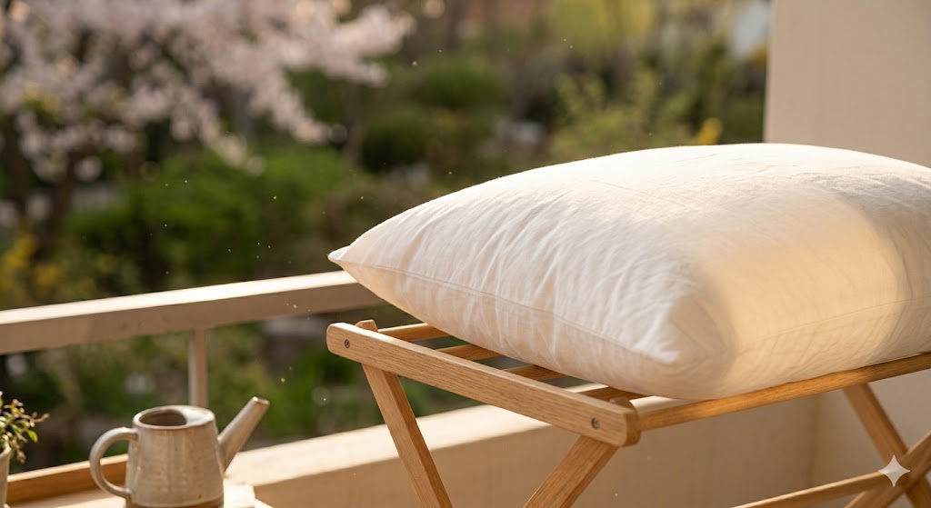 "햇빛이 잘 드는 창가나 야외 건조대 위에서 베개를 일광소독하고 있는 모습. 따스한 자연광이 베개 위로 비치며 살균되는 느낌을 주는 감성적인 실사 이미지."