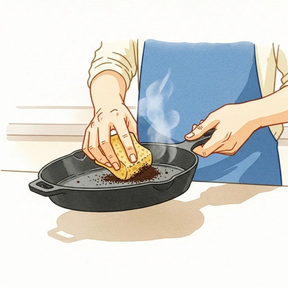 커피찌꺼기로 기름때 닦는 주방 모습