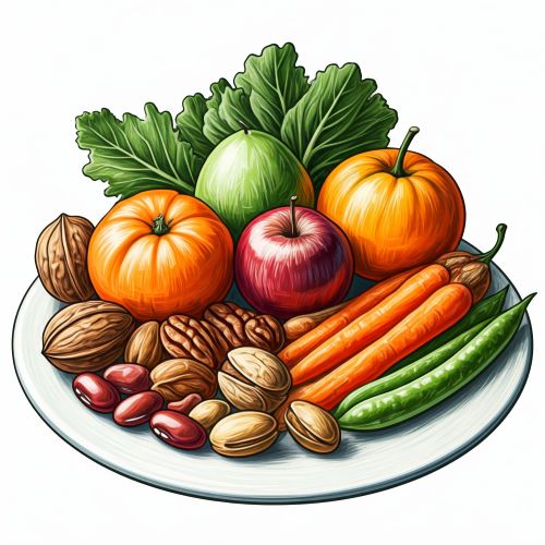 견과류, 콩류, 채소, 과일이 접시에 담겨 있다.