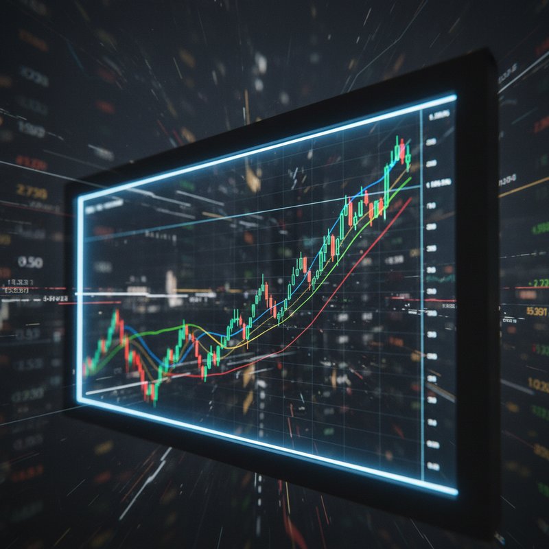 빛나는 한국 증시 차트와 흐릿한 글로벌 시장, 영화 스틸컷 느낌의 시네마틱 포토, 역광/필름그레인/블러 배경