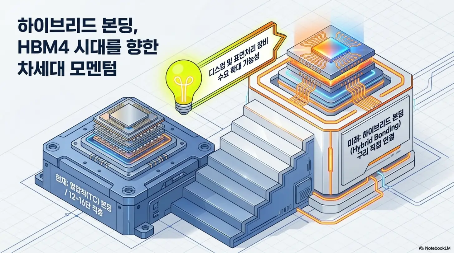 피에스케이홀딩스 주가 전망: 피에스케이홀딩스의 차세대 성장 동력인 하이브리드 본딩 전환을 계단형 그래픽으로 보여주는 웹배너 이미지. 현재 열압착(TC) 본딩 12~16단 적층에서 HBM4 시대 구리 직접 연결 방식으로 넘어가며 디스컴·표면처리 장비 수요 확대 가능성이 표시됨. 중장기 모멘텀을 시각적으로 전달하며, 블로그의 하이브리드 본딩 주제를 설명함