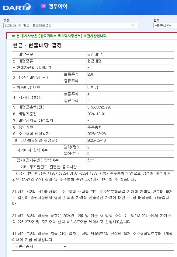 엠투아이(347890) 2025년 배당금