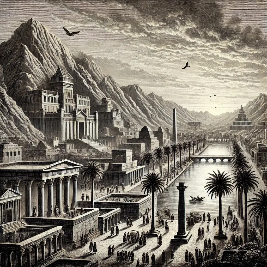 유프라테스강을 따라 펼쳐진 고대 바빌론 도시의 흑백 판화풍 일러스트. 거대한 지구라트&amp;#44; 돌기둥&amp;#44; 고대 건축물과 인파가 묘사되어 있음