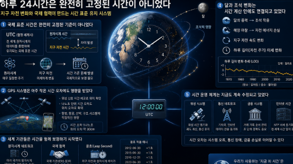 지구 자전 변화와 원자시계, GPS 위성, 국제 표준 시간이 서로 연결된 현대 시간 보정 시스템 인포그래픽