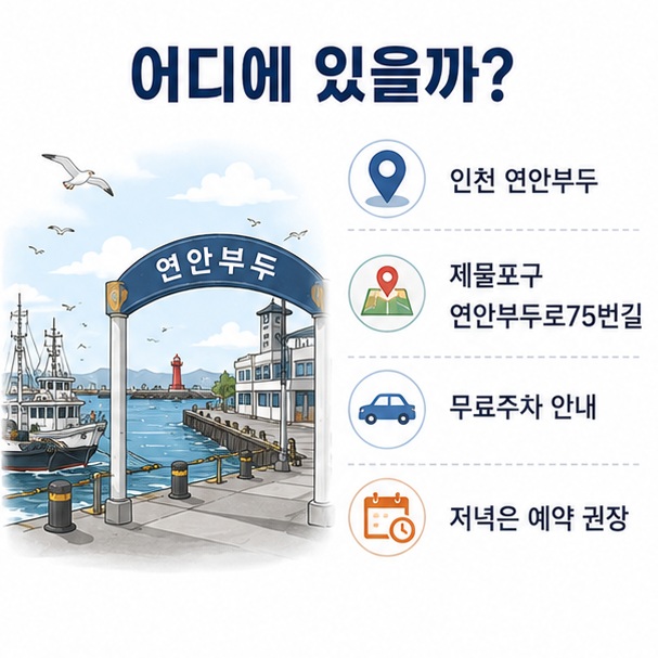 인천 연안부두에 위치한 60첩 해물반상 식당의 위치와 주차, 저녁 예약 정보를 안내하는 이미지