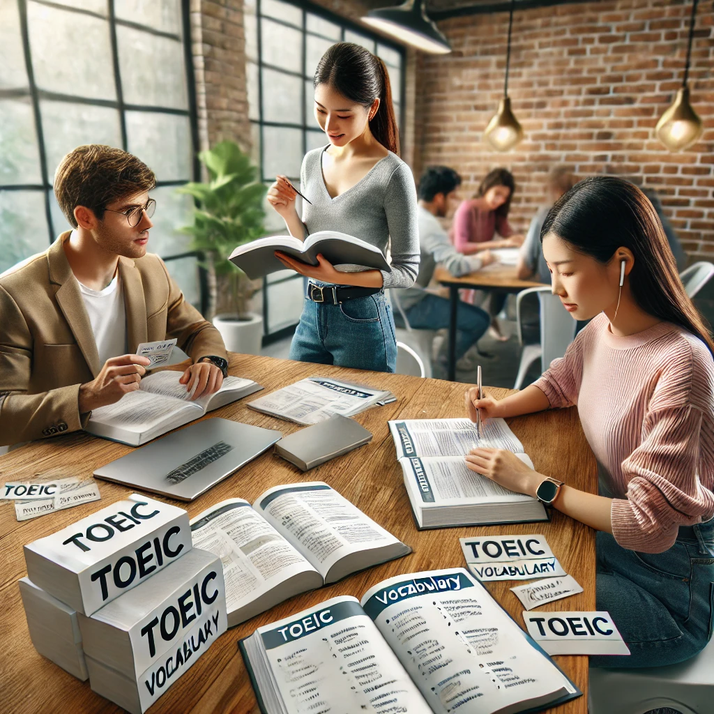 현대적인 교실에서 토익 어휘 문제를 푸는 스터디 그룹