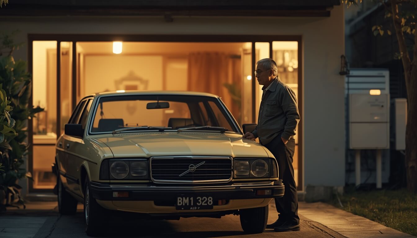 집 앞마당에서 오래된 차량 옆에 서 있는 어르신의 모습