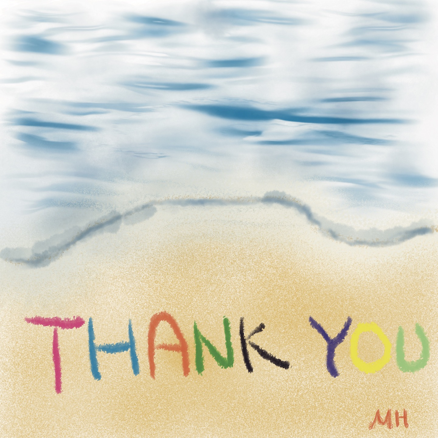 모래사장에 Thank you단어가 씌여진 그림