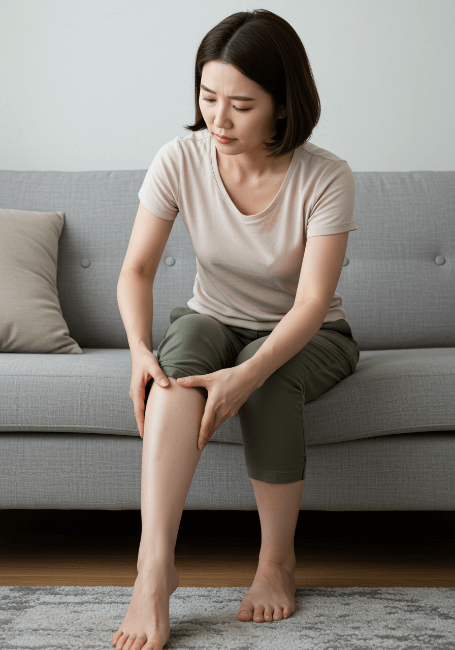 거실 소파에 앉아 다리 종아리를 짚으며 부종과 불편함을 느끼는 중년 한국인 여성