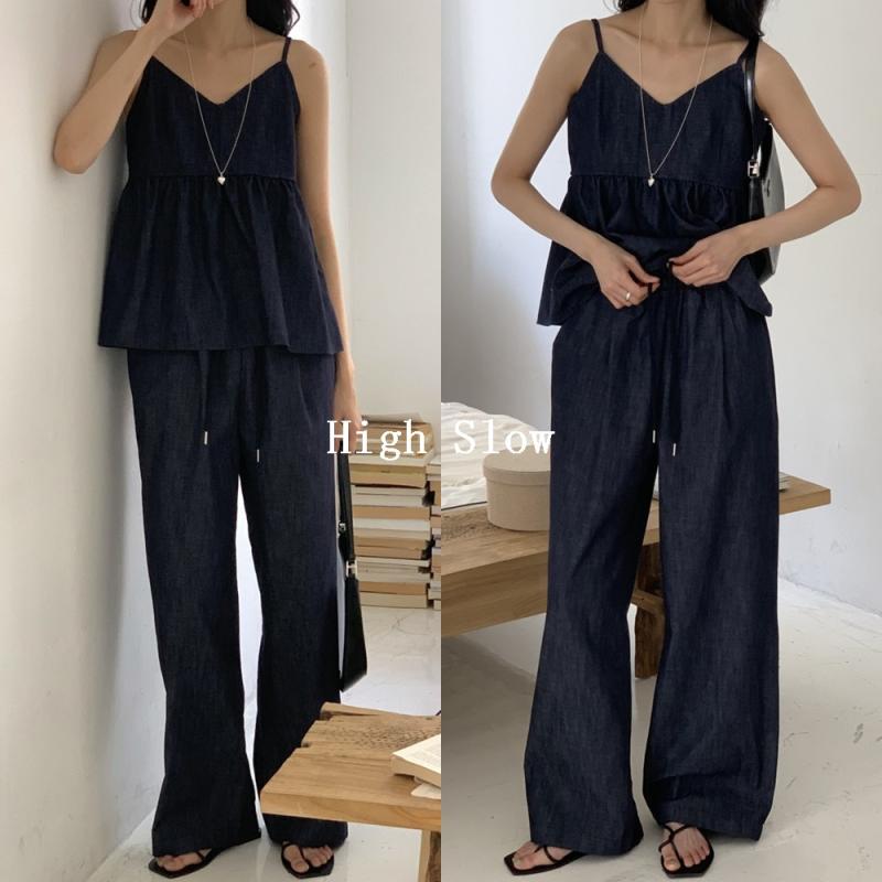 논페이드 데님 나시 밴딩 팬츠 세트