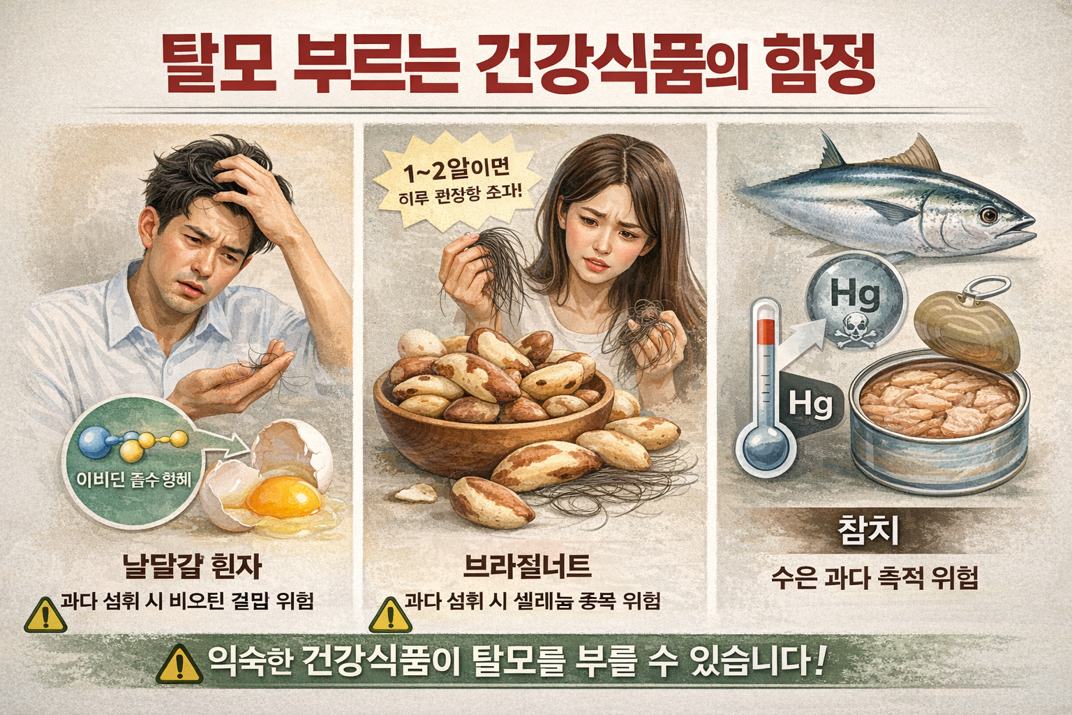 탈모 예방 음식 (날달걀, 브라질너트, 참치)
