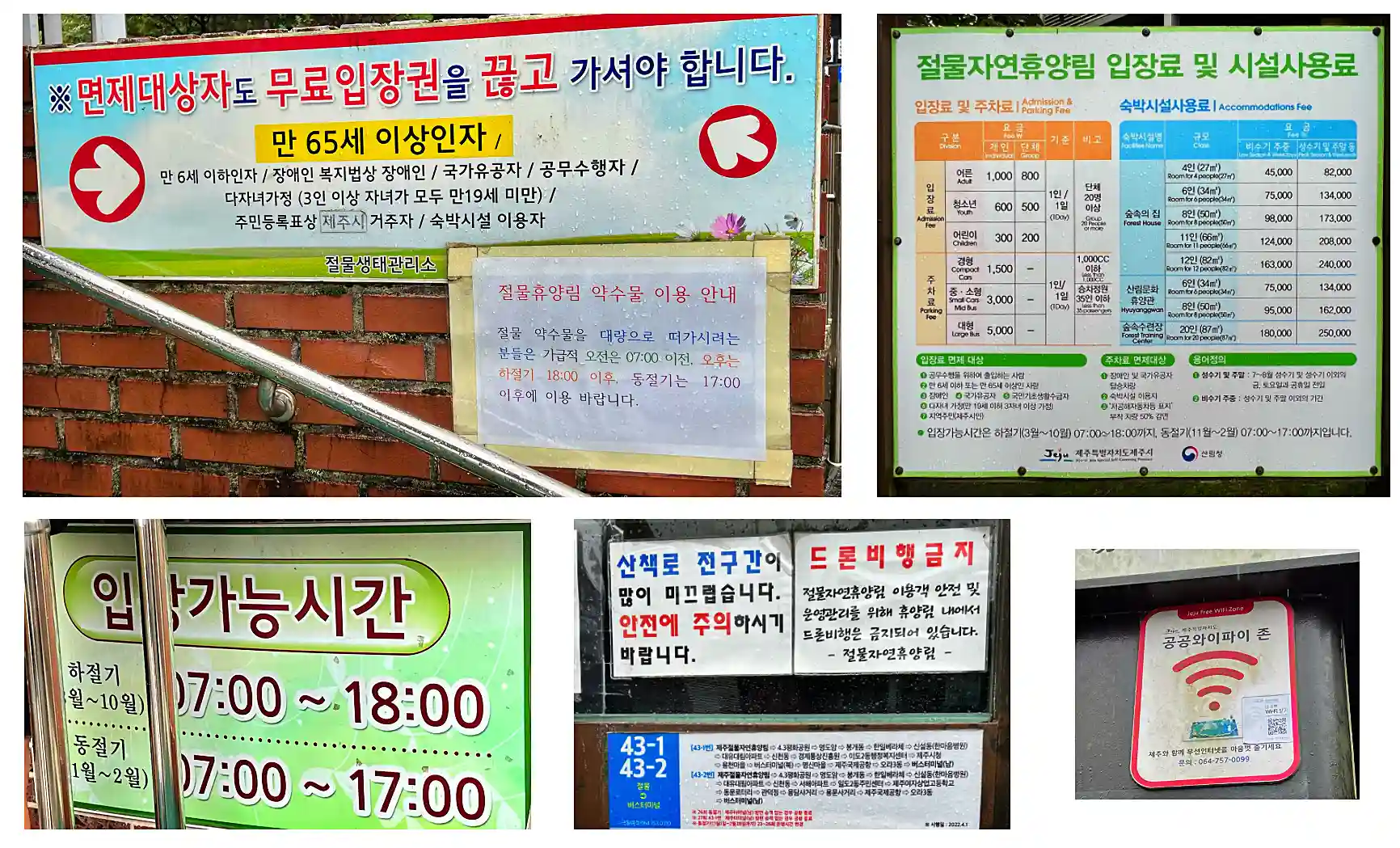 제주 절물자연휴양림 현장 정보 사진 모음 입니다. 면제 대상자, 입장 가능시간, 그리고 요금표 입니다.