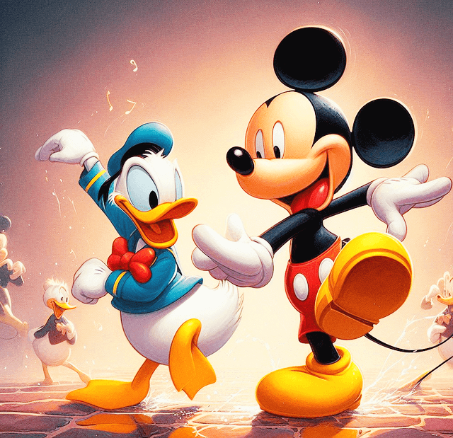 오리인 미키와 쥐 캐릭터인 미키마우스가 서로 웃으면서 춤을 춘다. 친한 친구들이다.