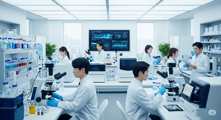 바이오 산업 관련 이미지. 바이오테크, 바이오 의약품, 디지털 헬스케어 등의 키워드가 보인다.