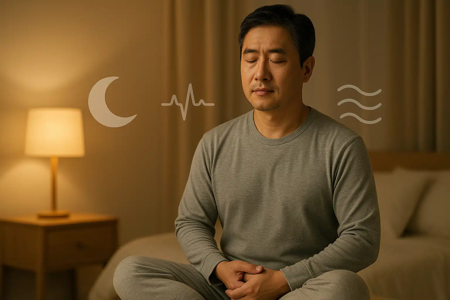 명상을 하며 눈을 감고 있는 중년 남성, 배경에 부드러운 조명과 아늑한 침실, 규칙적인 수면과 스트레스 완화를 상징하는 아이콘(달, 심박수, 호흡)
