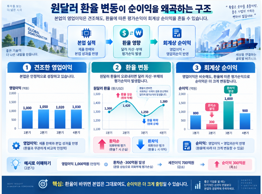 원달러 환율 변동이 견조한 영업이익을 회계상 순이익 왜곡으로 만드는 구조를 표현한 막대그래프 일러스트