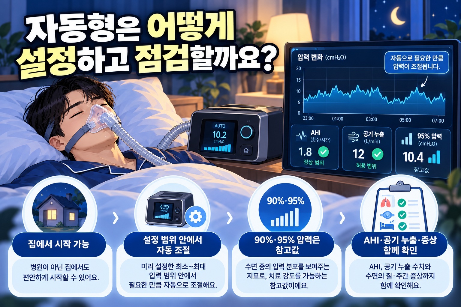 자동형 양압기가 설정 범위 안에서 압력을 조절하고 AHI, 공기 누출, 95% 압력 등을 확인하는 이미지
