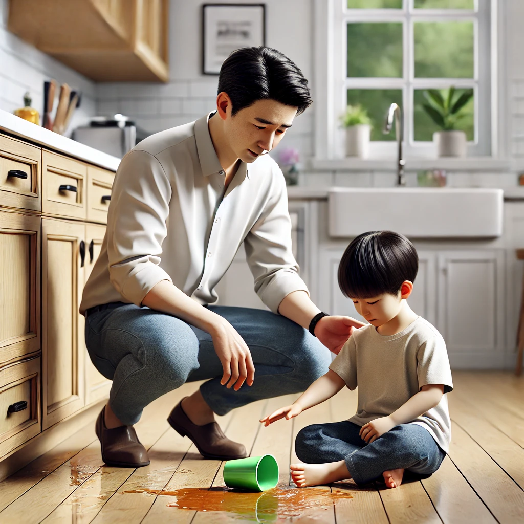 부모가 주방에서 쏟은 주스를 함께 닦으며 아이를 따뜻하게 위로하는 장면. 부모의 격려가 아이에게 안정감을 주는 모습