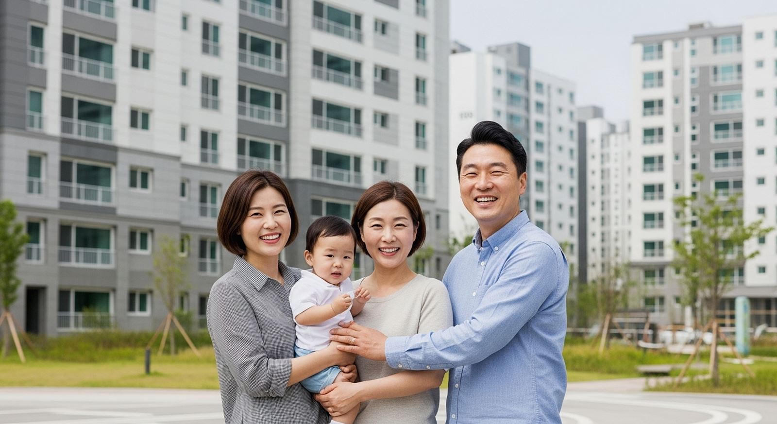 새롭게 지어진 깨끗한 아파트 단지 앞에서 행복하게 웃는 가족의 모습, 자율주택정비사업을 통해 얻는 희망과 미래를 암시