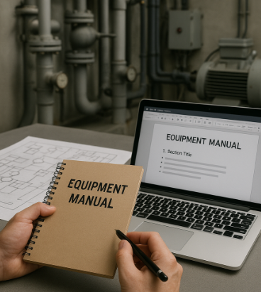 산업 설비 현장에서 관리자가 노트북으로 ‘EQUIPMENT MANUAL’을 작성하며, 옆에 기술 도면과 배관이 배경으로 보이는 장면.