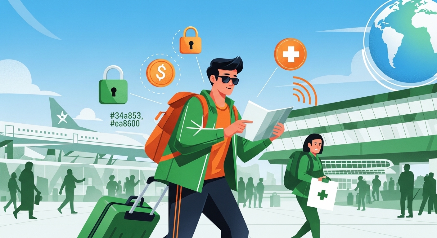 활기찬 공항에서 여권과 지도를 들고 자신감 있게 이동하는 여행자, 안전하고 준비된 해외여행의 중요성을 나타내는 이미지.