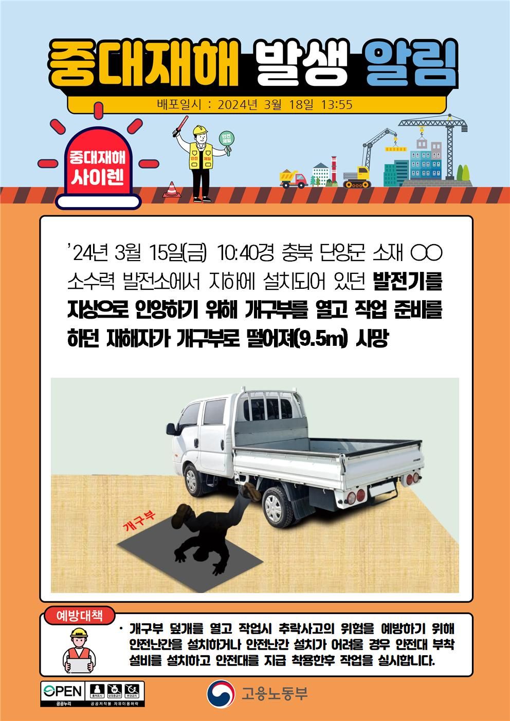 개구부를 열고 작업 준비 중 개구부로 떨어짐(9.5m)