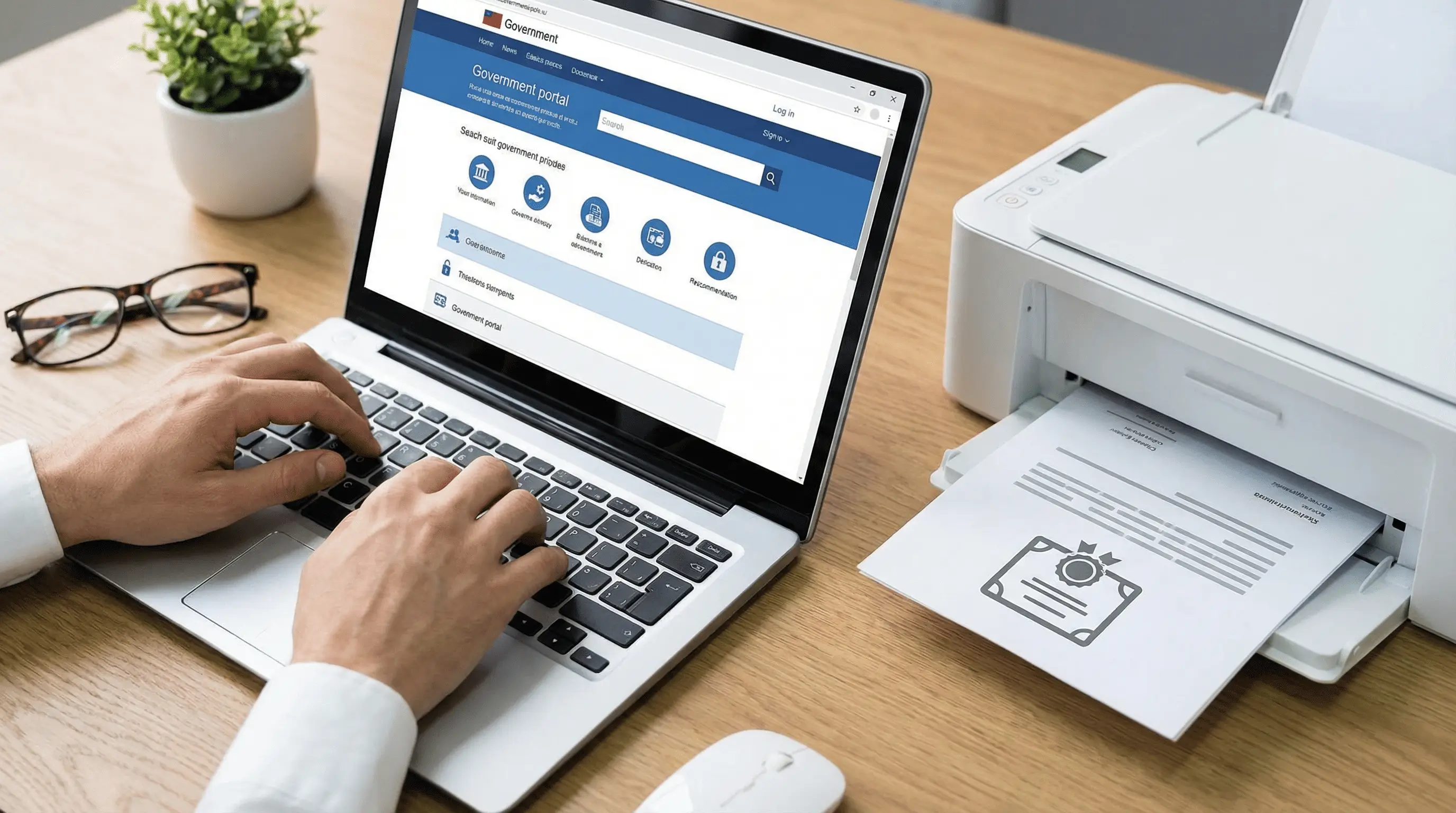 집에서 컴퓨터로 정부24 사이트에 접속해 기초생활수급자 증명서를 출력하는 손과 서류 이미지