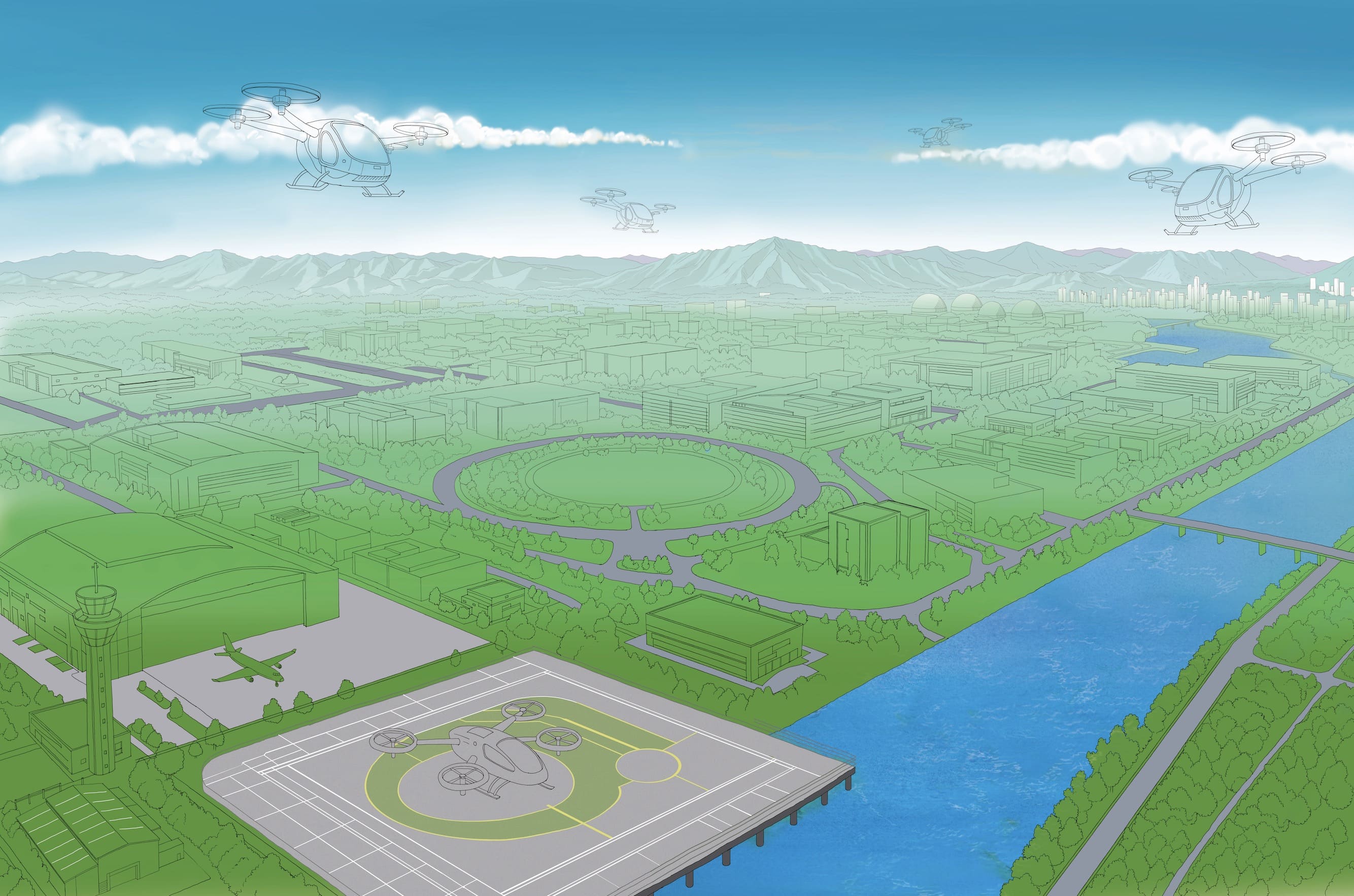 ▲ 더그린맵 작 ❘ 상상 조감도 &ndash; UAM 기체와 버티포트 중심