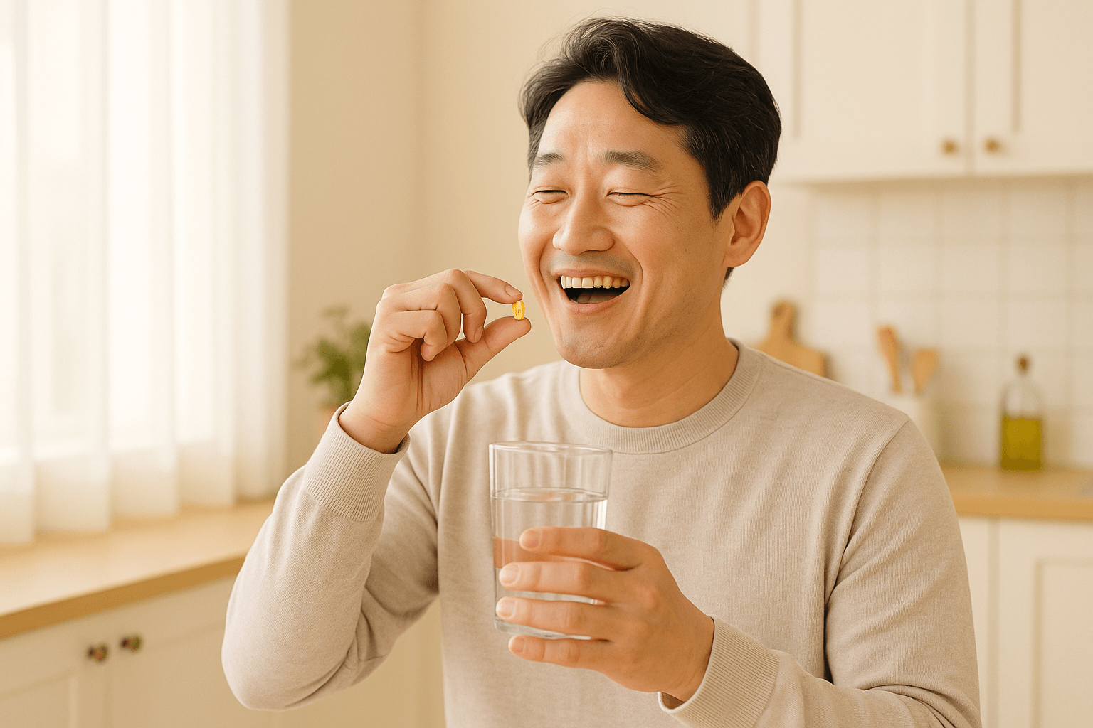 밝은 주방에서 물 한 잔을 들고 올리브오일 캡슐(소프트젤)을 섭취하는 중년 한국 남성 이미지