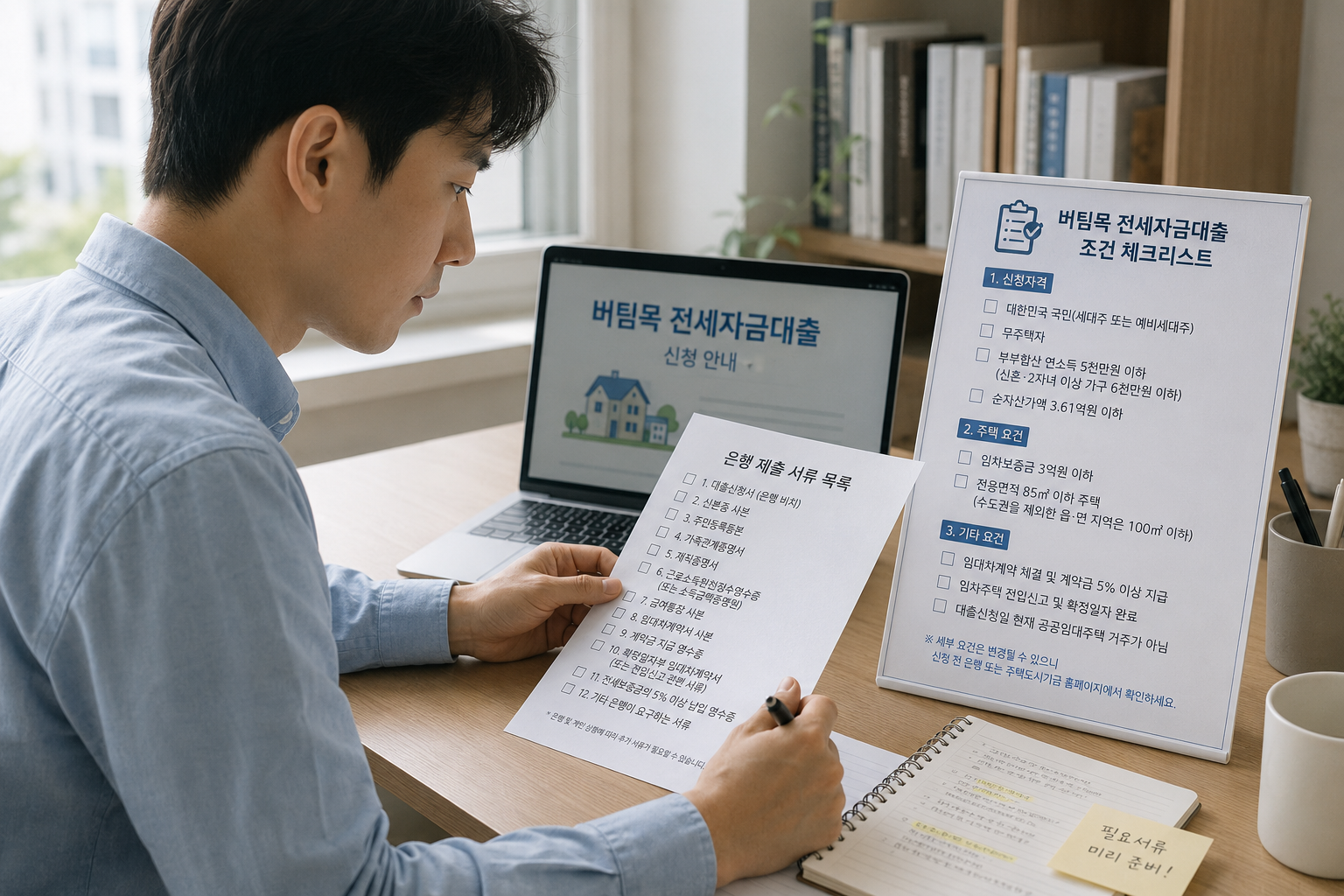 버팀목 전세자금대출을 신청하기 위해 필요한 은행 제출용 서류들과 조건 체크리스트를 확인하는 직장인의 모습