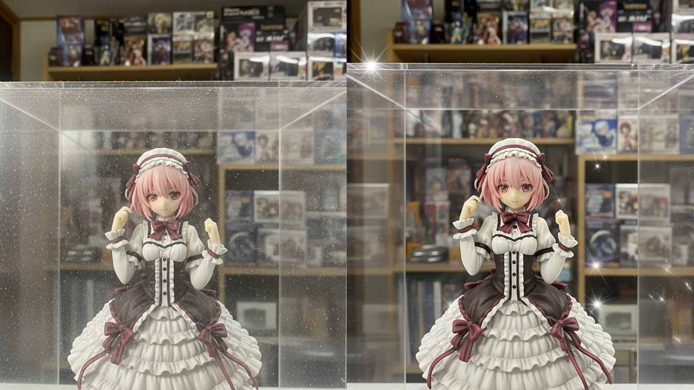 먼지 쌓인 피규어 장식장과 정전기 코팅 후 깨끗해진 장식장 비교