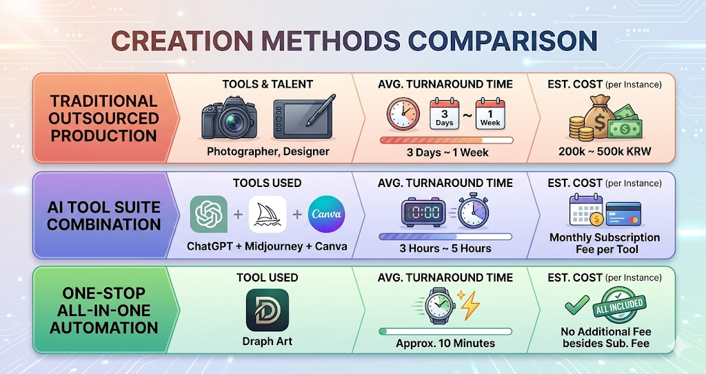 Bar graph comparing the time required and estimated cost for detail page production methods